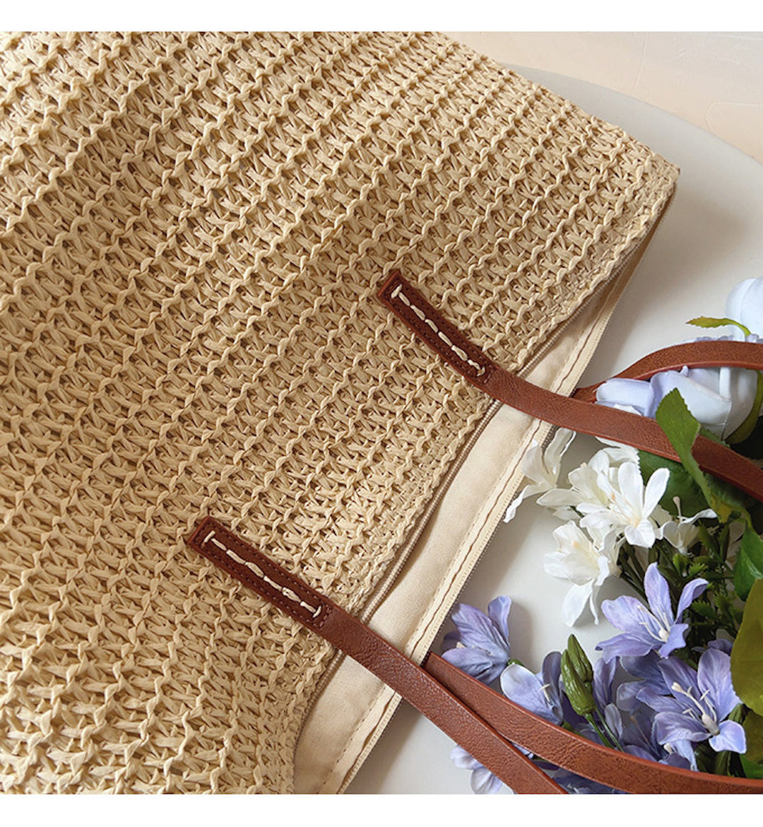 Geflochtene Korbtasche aus Rattan mit stilvollen Lederhenkeln, perfekt für den Sommer, Frauen-Tasche, elegant und geräumig.