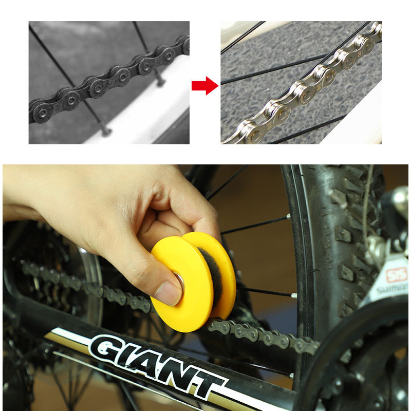 "Gelbes Fahrrad Kettenöl mit 2-in-1 Funktion, handlich für Reinigung & Schmierung, ideal für längere Touren."
