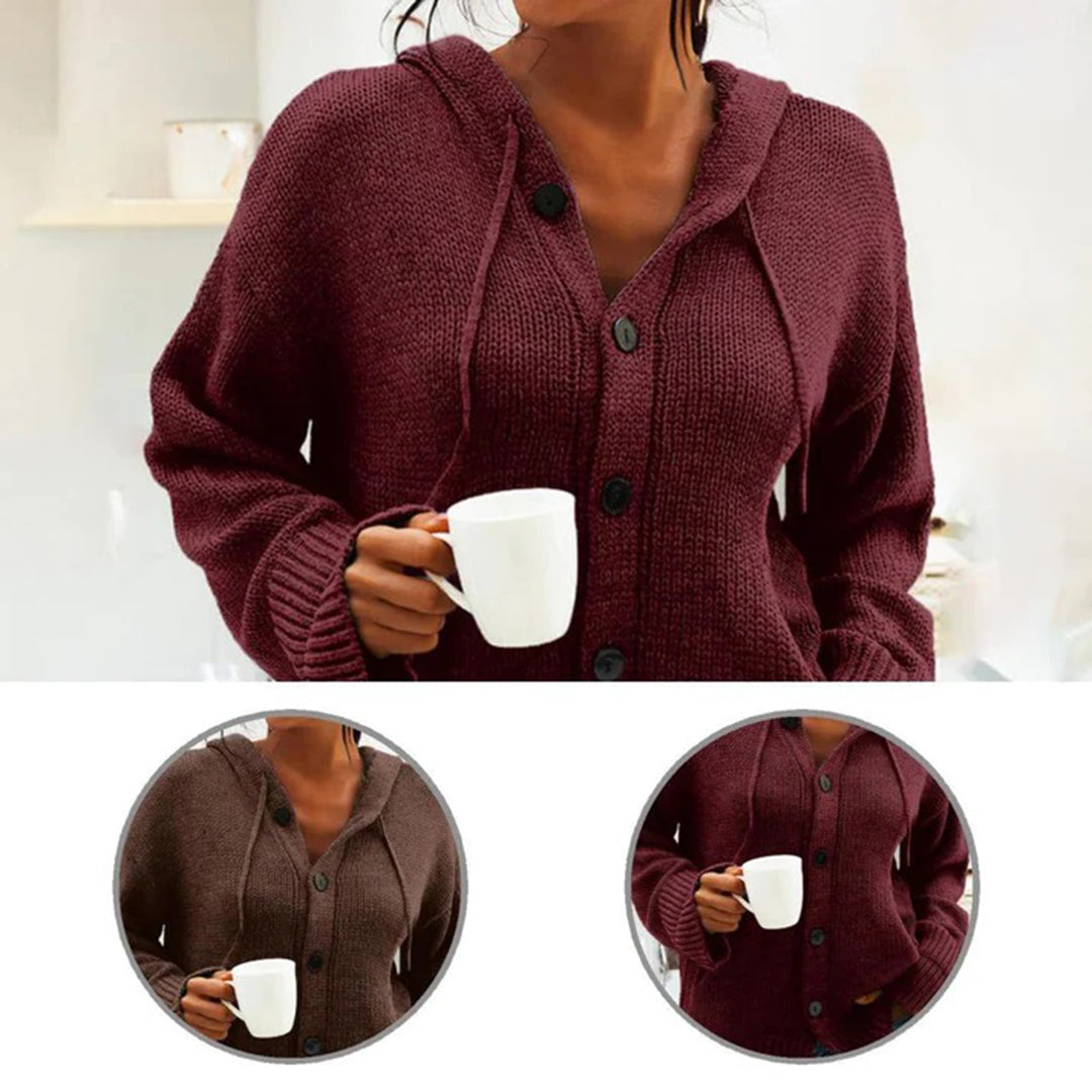 Gemütliche Strickjacke mit Kapuze und Kordelzug, in Grau, Kaffee, Schwarz oder Weinrot, ideal für stilvollen Komfort.