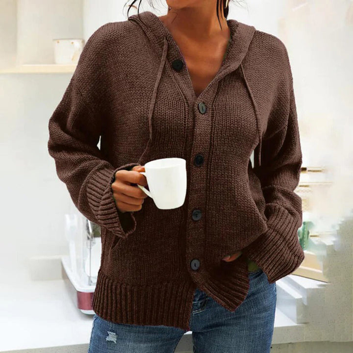 Gemütliche Strickjacke mit Kapuze und Kordelzug, in Grau, Kaffee, Schwarz oder Weinrot, ideal für stilvollen Komfort.