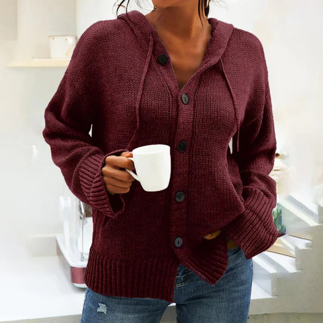 Gemütliche Strickjacke mit Kapuze und Kordelzug, in Grau, Kaffee, Schwarz oder Weinrot, ideal für stilvollen Komfort.
