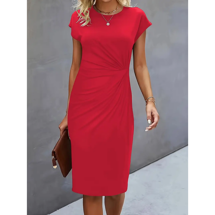 Gerafftes, figurbetontes Damen Bodycon Kleid mit kurzen Ärmeln, elegantes Design, betont Silhouette, ideal für Anlässe.