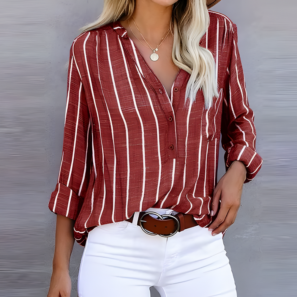 Gestreifte Damenbluse mit Knopfleiste, lange Ärmel, elegantes Design, stilvolle Streifen, perfekt für Büro und Freizeit.