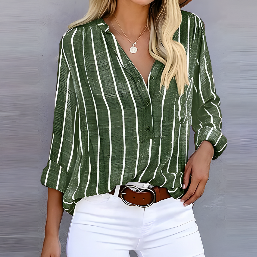 Gestreifte Damenbluse mit Knopfleiste, lange Ärmel, elegantes Design, stilvolle Streifen, perfekt für Büro und Freizeit.
