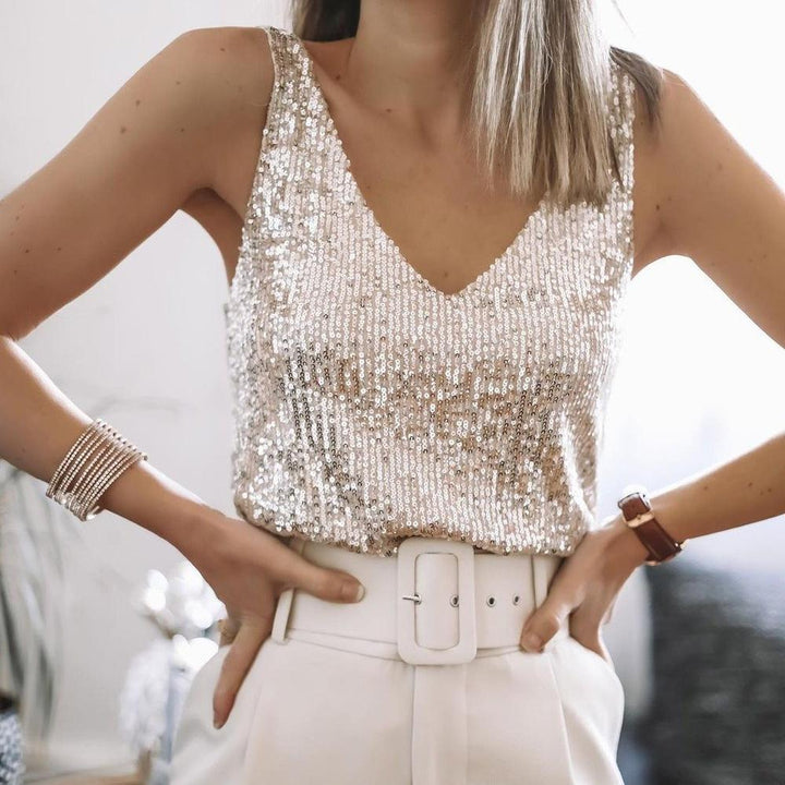 Glamouröses Damen-Pailletten-Oberteil mit funkelndem V-Ausschnitt, perfekt für elegante Anlässe und stilvolle Partynächte.