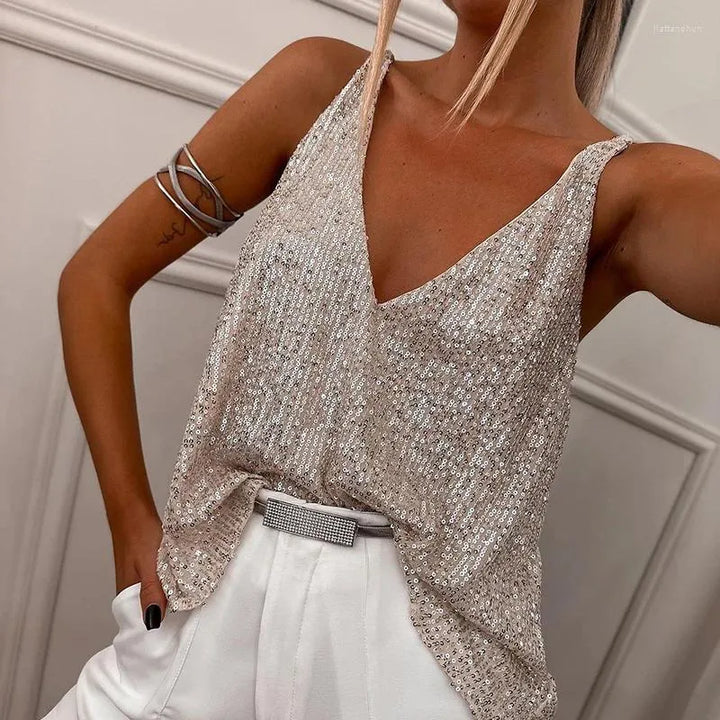 Glamouröses Damen-Pailletten-Oberteil mit funkelndem V-Ausschnitt, perfekt für elegante Anlässe und stilvolle Partynächte.