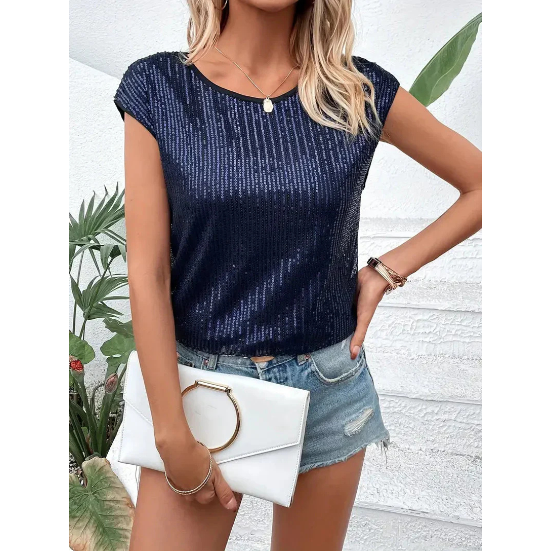 Glänzendes, kurzärmliges Damen Paillettentop, das das Licht reflektiert und vielseitig mit Jeans oder Röcken kombinierbar ist