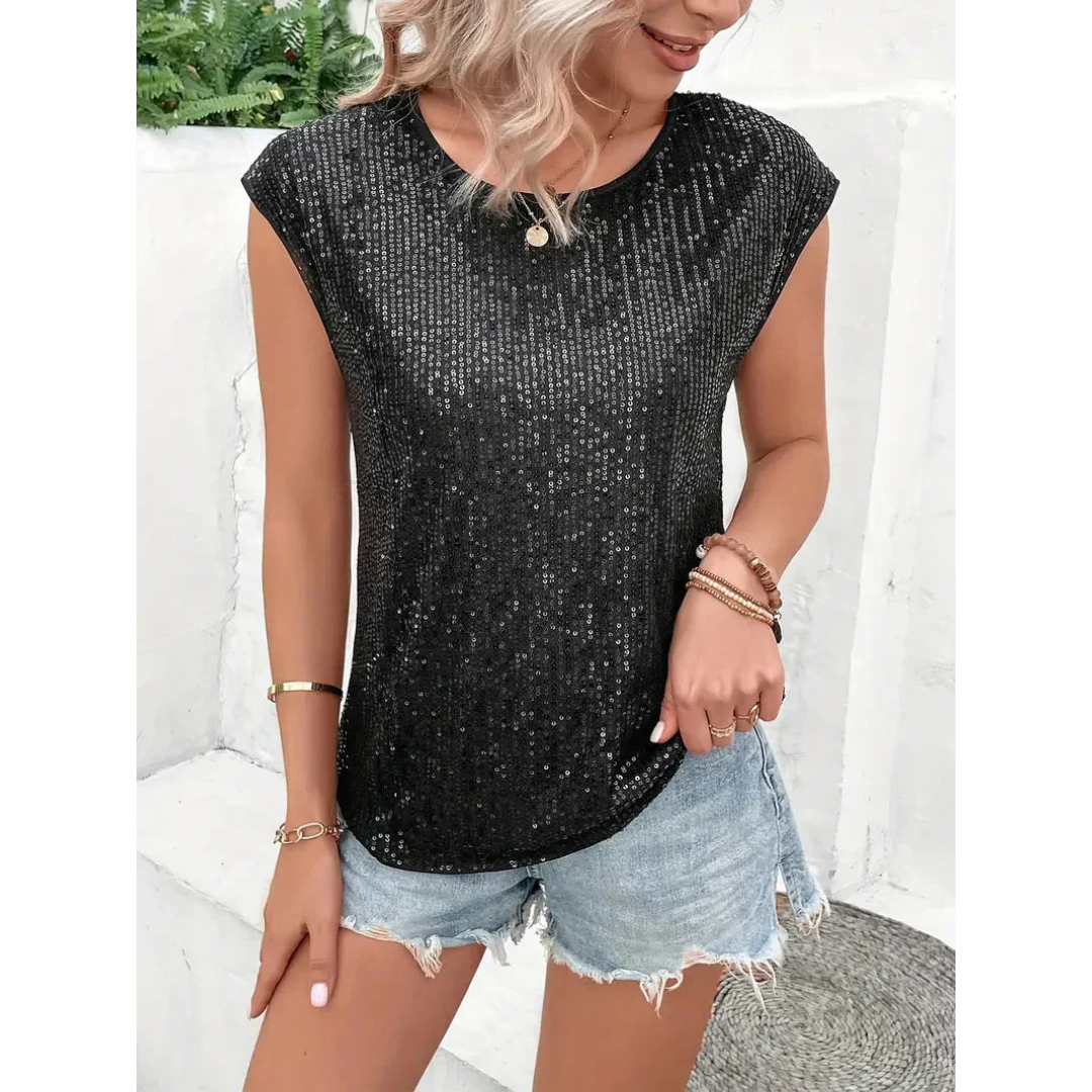 Glänzendes, kurzärmliges Damen Paillettentop, das das Licht reflektiert und vielseitig mit Jeans oder Röcken kombinierbar ist