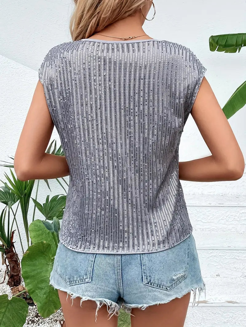 Glitzernde Damenbluse mit Pailletten, ärmellos, schimmernd, ideal für Abend oder Freizeit, verleiht jedem Outfit Glamour.