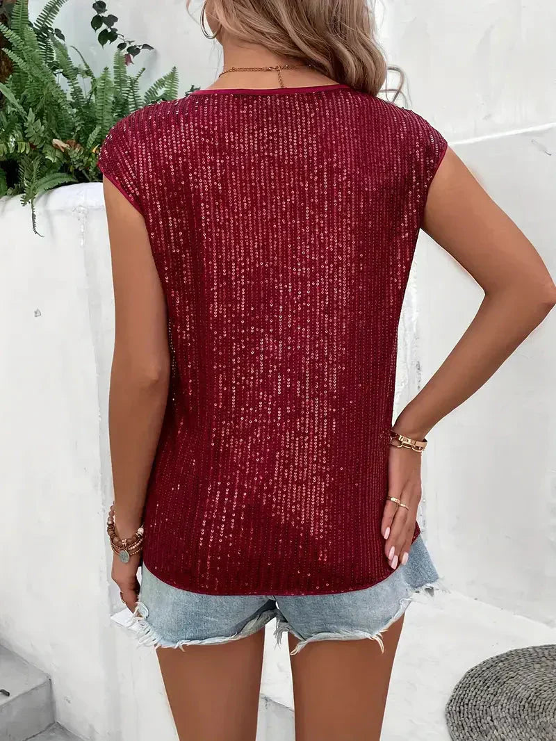 Glitzernde Damenbluse mit Pailletten, ärmellos, schimmernd, ideal für Abend oder Freizeit, verleiht jedem Outfit Glamour.