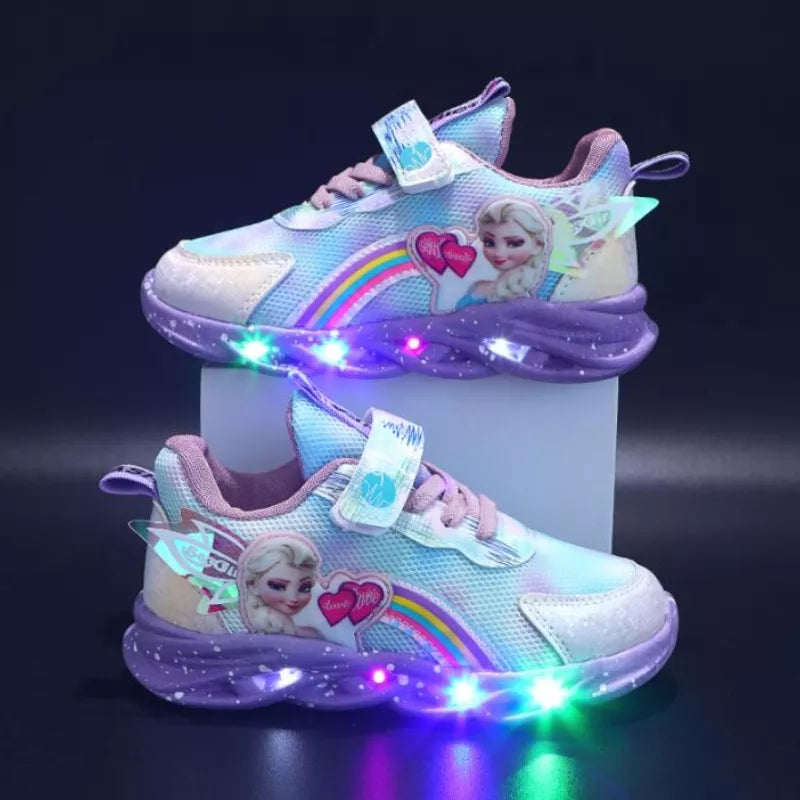 "Glitzernde Disney inspiriert LED-Kinderschuhe, rosa-lila Sneakers mit blinkenden Lichtern, perfekt für Mädchen."