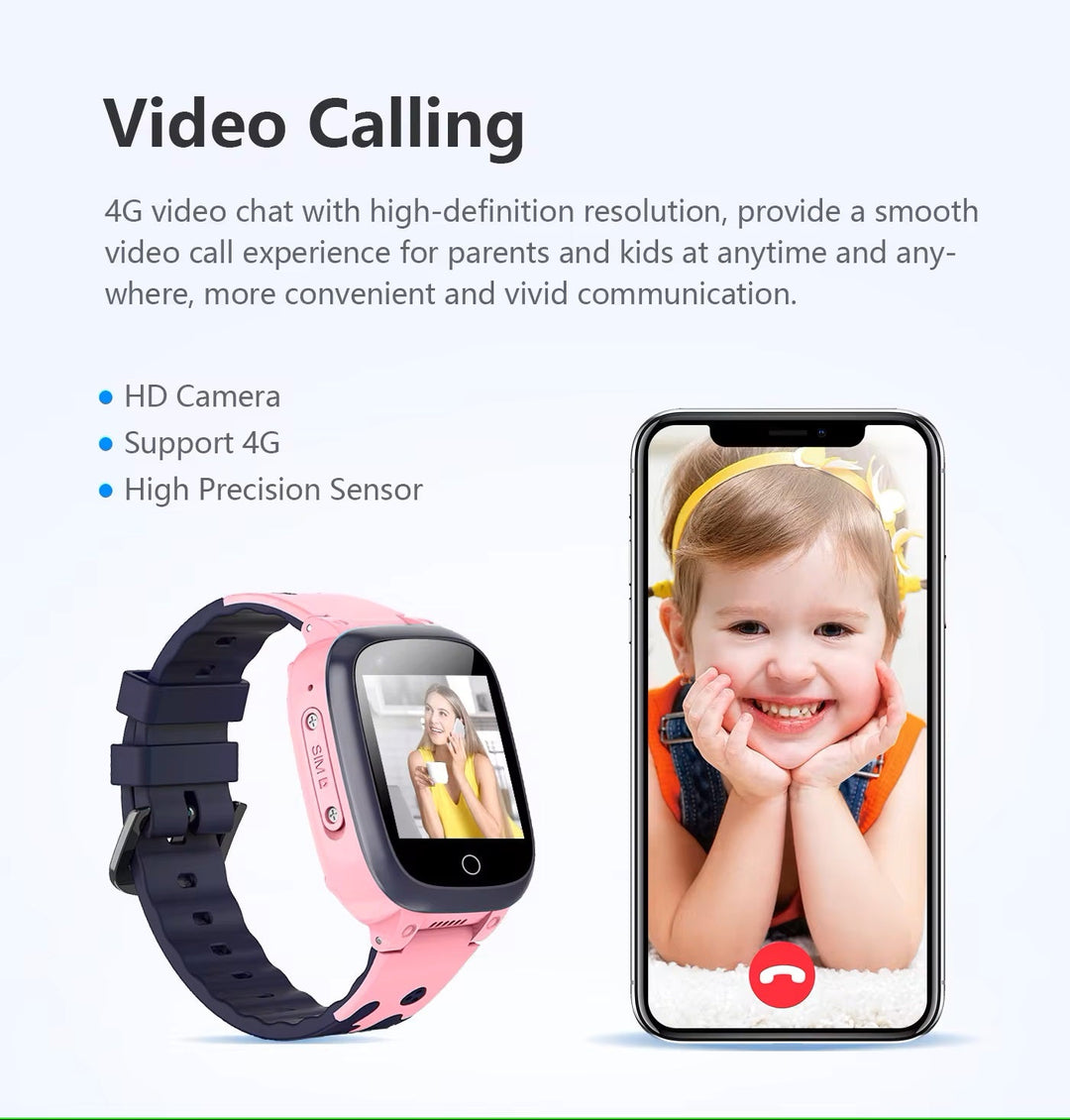 GPS Tracker Smartwatch für Kinder, blau, mit Videoanruf, SOS-Taste, wasserdichtem Design und ergonomischem Armband.
