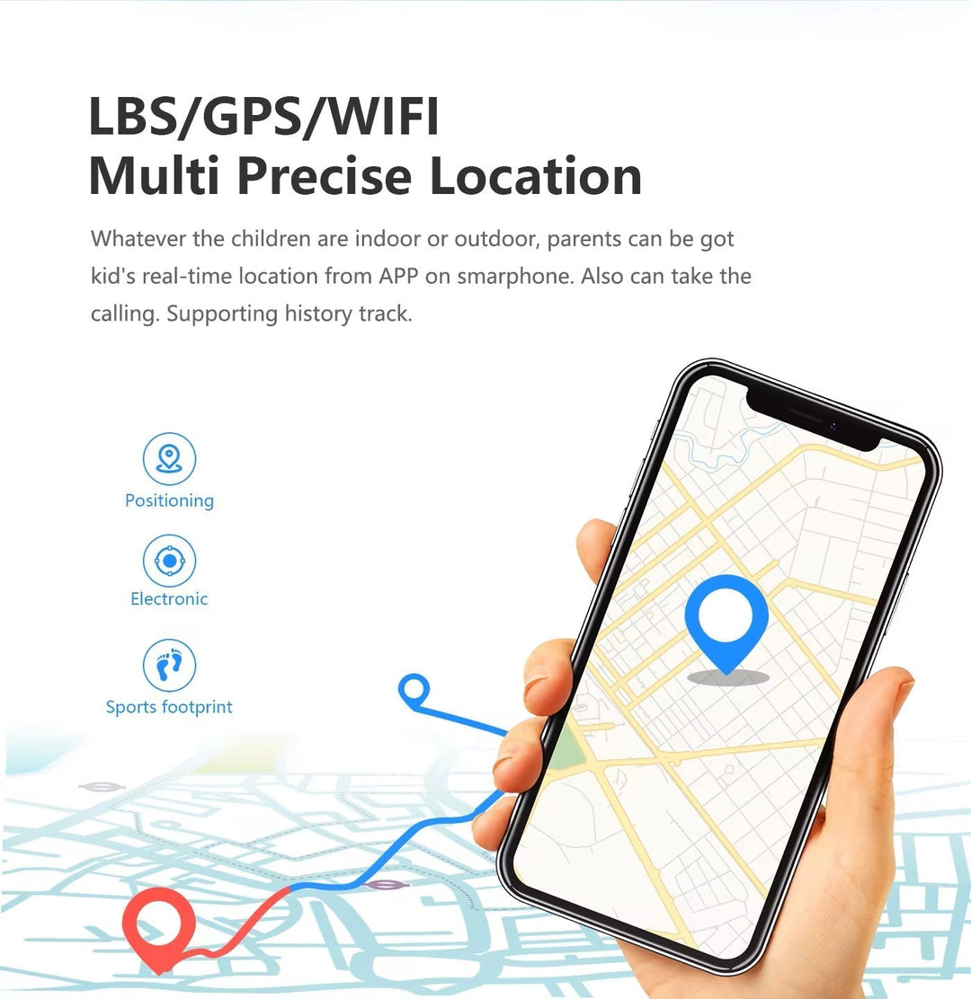 GPS Tracker Smartwatch für Kinder, blau, mit Videoanruf, SOS-Taste, wasserdichtem Design und ergonomischem Armband.