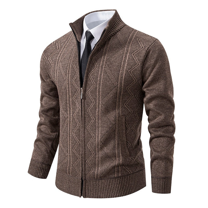 Graue Herren-Strickjacke, elegant und warm, ideal für kalte Tage, passt zu formellen und lässigen Outfits.