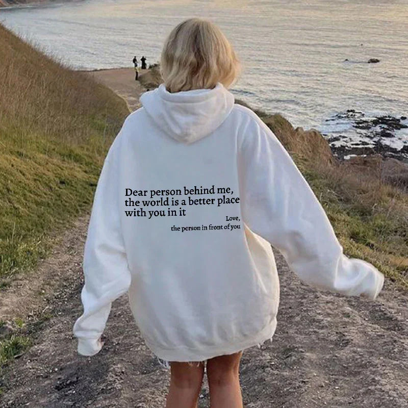 Grauer Damen Hoodie mit Botschaft "Dear Person" auf Rücken, stilvolles Design, Kapuze, inspirierend, gemütlich, vielseitig.