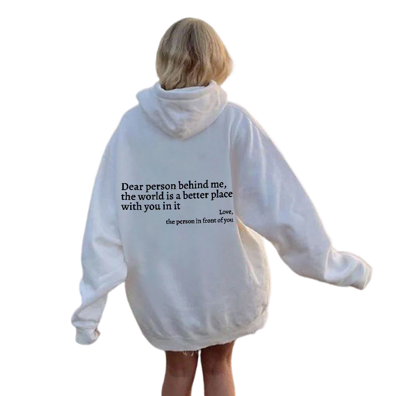 Grauer Damen Hoodie mit Botschaft "Dear Person" auf Rücken, stilvolles Design, Kapuze, inspirierend, gemütlich, vielseitig.