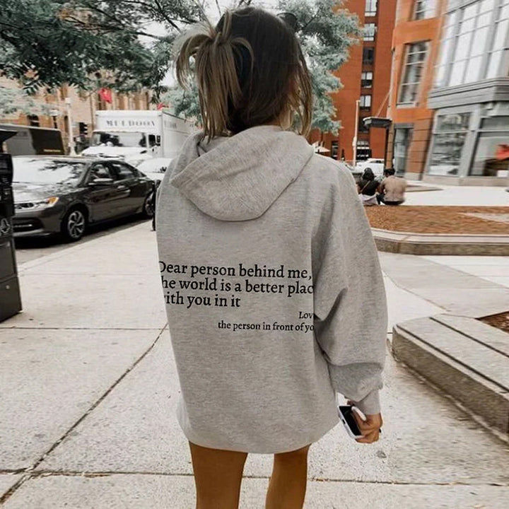 Grauer Damen Hoodie mit Botschaft "Dear Person" auf Rücken, stilvolles Design, Kapuze, inspirierend, gemütlich, vielseitig.