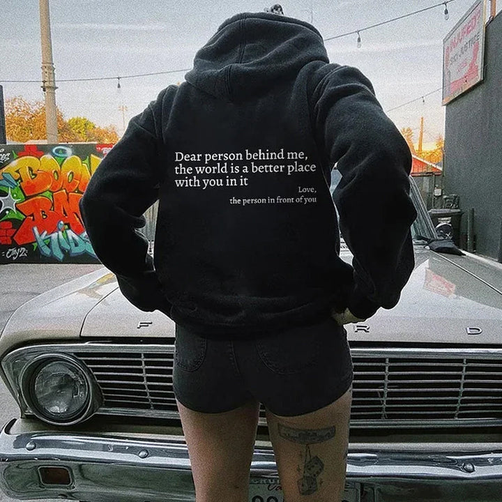 Grauer Damen Hoodie mit Botschaft "Dear Person" auf Rücken, stilvolles Design, Kapuze, inspirierend, gemütlich, vielseitig.
