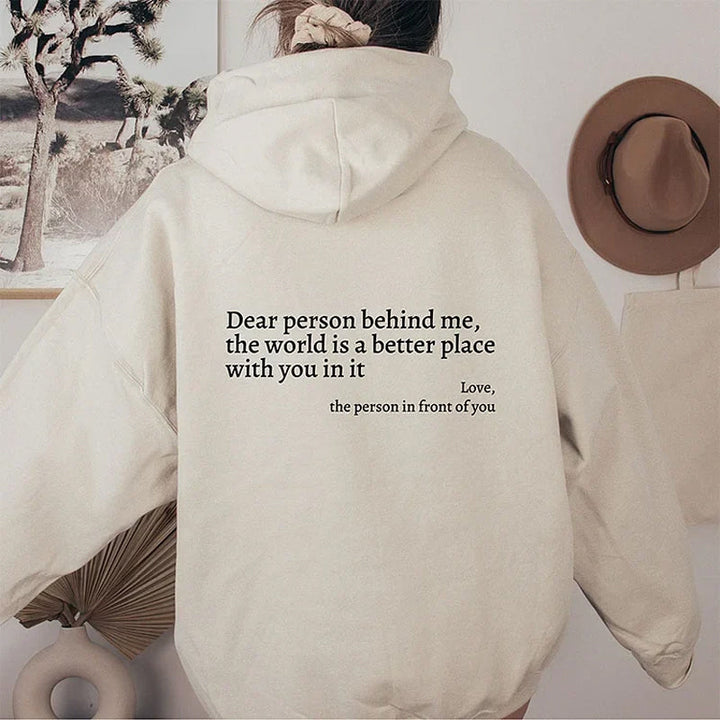 Grauer Damen Hoodie mit Botschaft "Dear Person" auf Rücken, stilvolles Design, Kapuze, inspirierend, gemütlich, vielseitig.