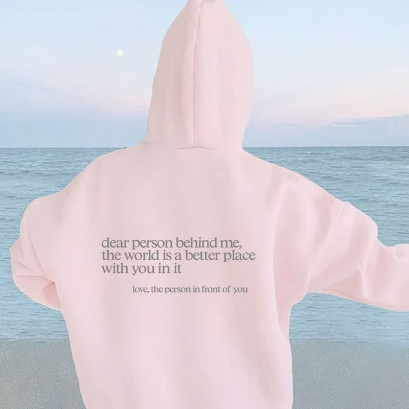 Grauer Damen Hoodie mit Botschaft "Dear Person" auf Rücken, stilvolles Design, Kapuze, inspirierend, gemütlich, vielseitig.