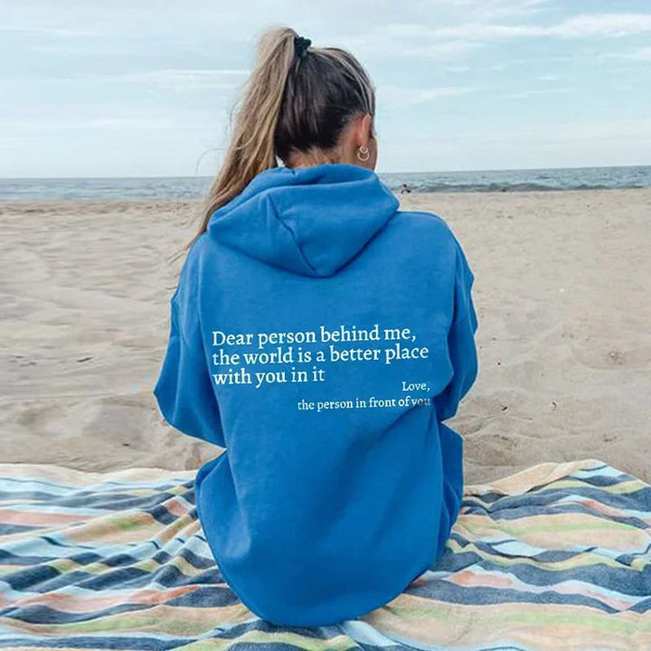 Grauer Damen Hoodie mit Botschaft "Dear Person" auf Rücken, stilvolles Design, Kapuze, inspirierend, gemütlich, vielseitig.