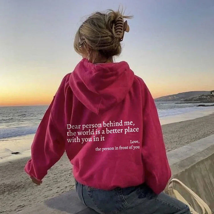 Grauer Damen Hoodie mit Botschaft "Dear Person" auf Rücken, stilvolles Design, Kapuze, inspirierend, gemütlich, vielseitig.