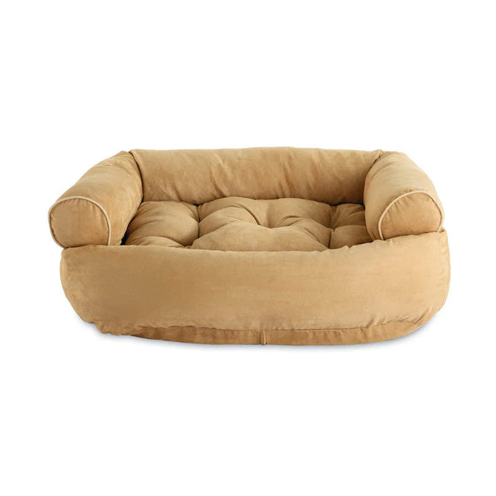 "Graues orthopädisches Hundebett, beruhigendes Design, natürliche Materialien, für maximalen Komfort und Stressabbau."
