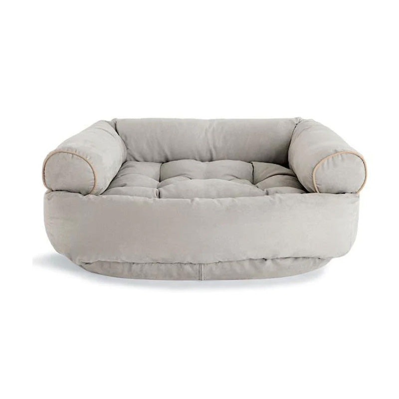 "Graues orthopädisches Hundebett, beruhigendes Design, natürliche Materialien, für maximalen Komfort und Stressabbau."