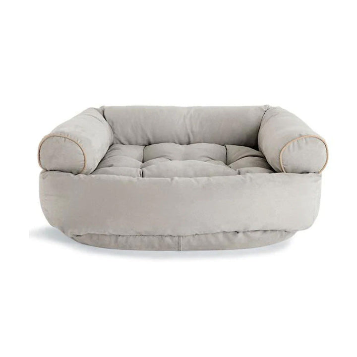 "Graues orthopädisches Hundebett, beruhigendes Design, natürliche Materialien, für maximalen Komfort und Stressabbau."
