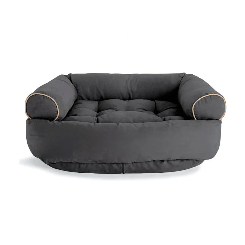 "Graues orthopädisches Hundebett, beruhigendes Design, natürliche Materialien, für maximalen Komfort und Stressabbau."