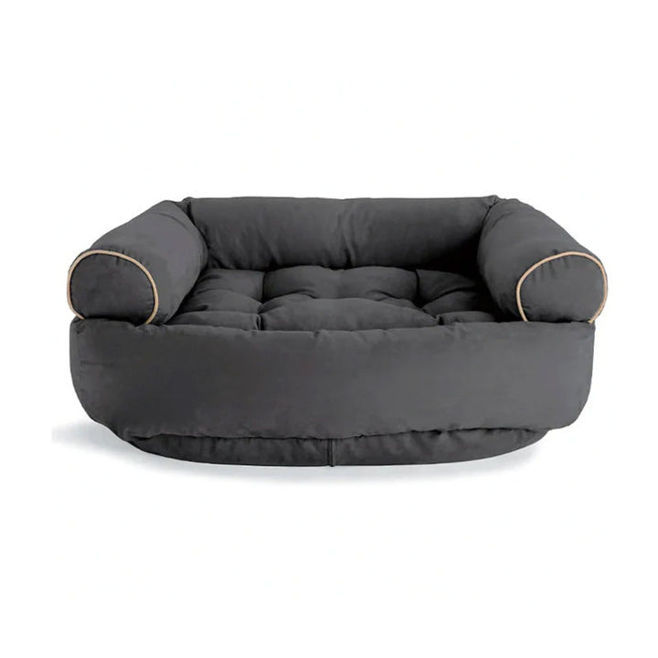 "Graues orthopädisches Hundebett, beruhigendes Design, natürliche Materialien, für maximalen Komfort und Stressabbau."