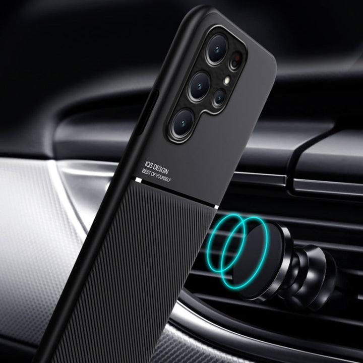 "Grüne magnetische Handyhülle für Samsung Galaxy S24, stoßfestes TPU + PC, mit stilvollem Streifenmuster-Design."