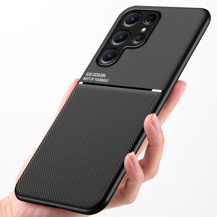 "Grüne magnetische Handyhülle für Samsung Galaxy S24, stoßfestes TPU + PC, mit stilvollem Streifenmuster-Design."