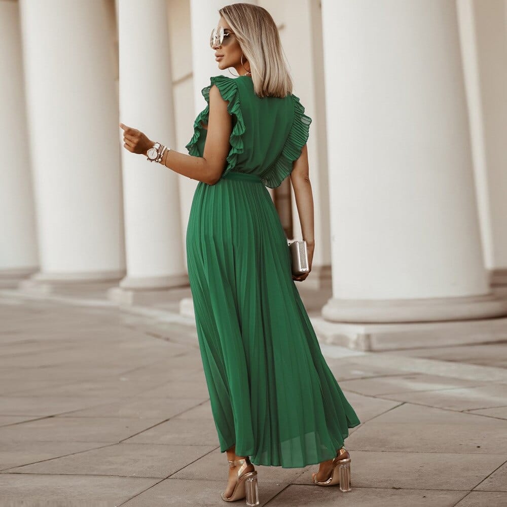 "Grünes Damen-V-Ausschnitt-Kleid im Bohème-Stil, fließend und elegant, für besondere Anlässe geeignet."