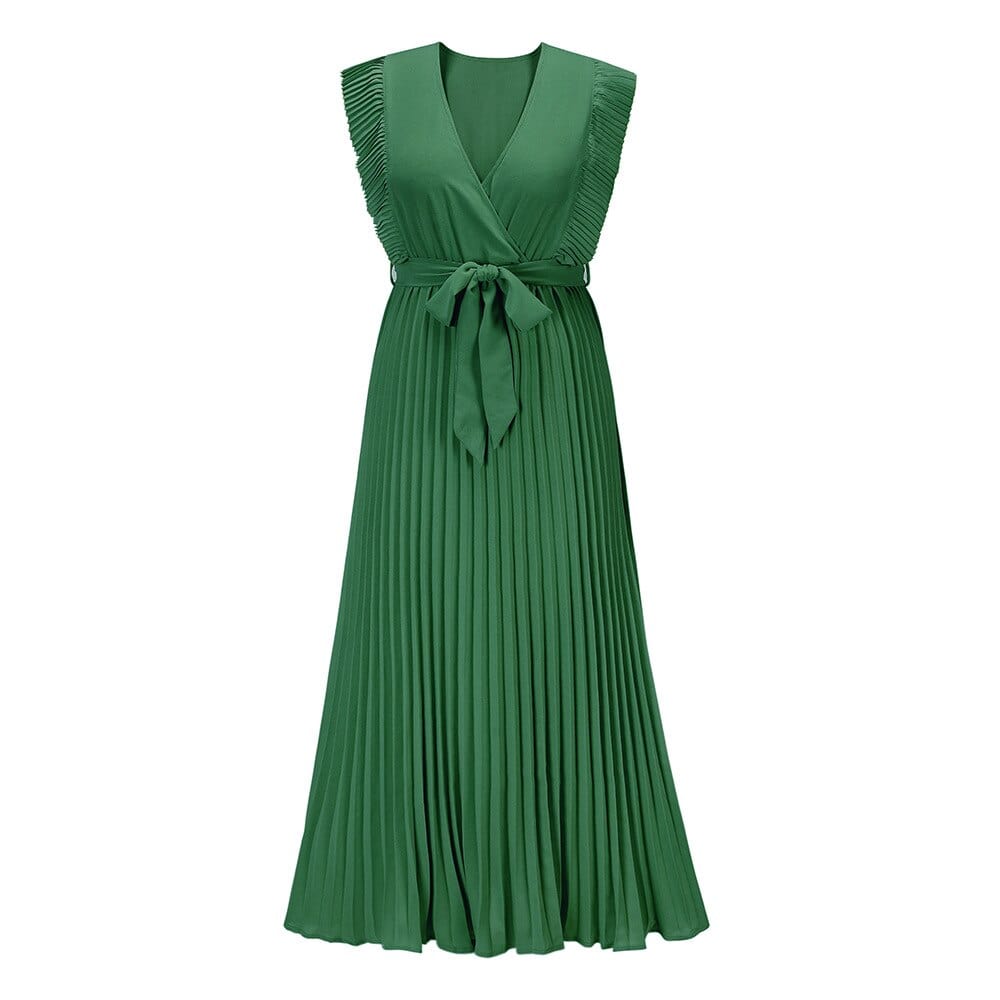 "Grünes Damen-V-Ausschnitt-Kleid im Bohème-Stil, fließend und elegant, für besondere Anlässe geeignet."