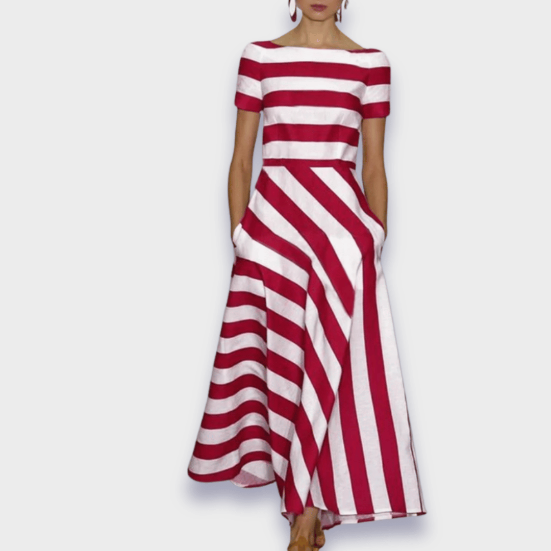"Handgefertigtes Maxikleid mit Streifen, elegante bodenlange Silhouette, zeitloser Stil, atmungsaktives Material, vielseitig 