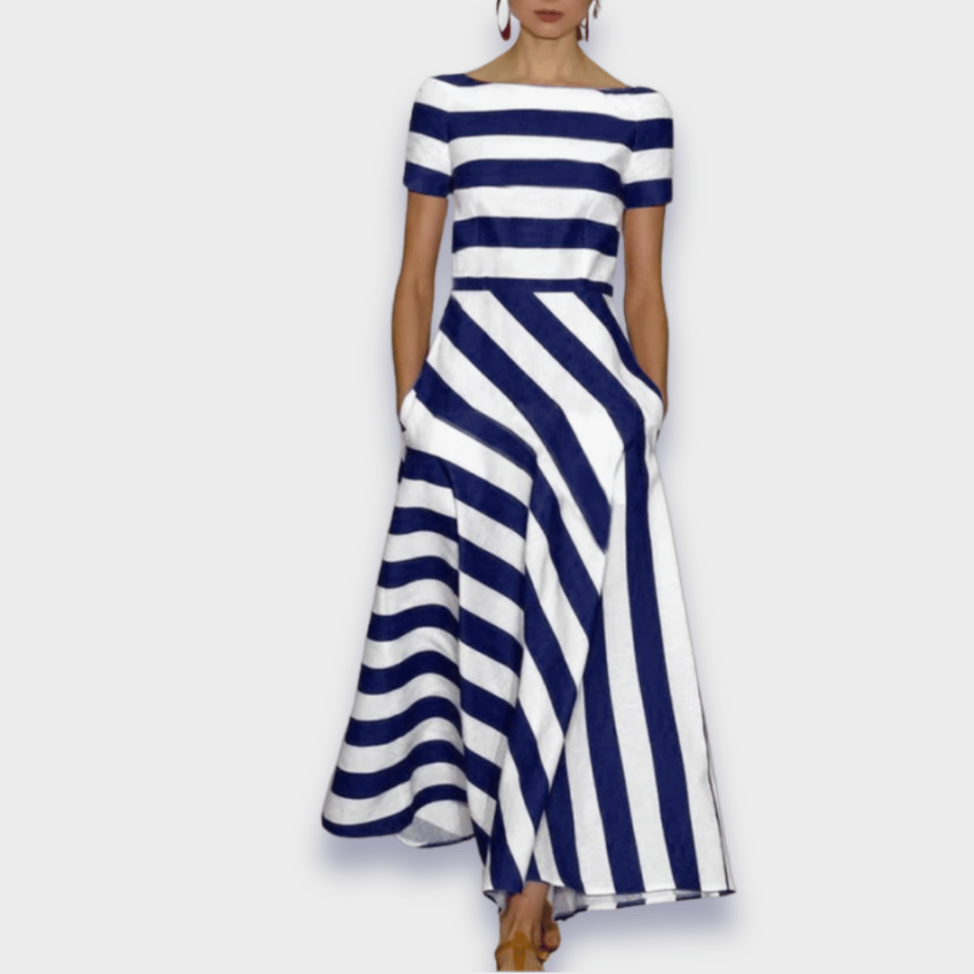 "Handgefertigtes Maxikleid mit Streifen, elegante bodenlange Silhouette, zeitloser Stil, atmungsaktives Material, vielseitig 