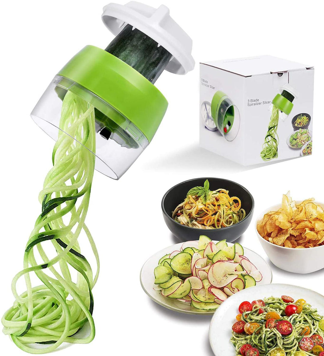 Handlicher 4-in-1 Spiralschneider mit verstellbaren Klingen, ideal für Gemüsenudeln, lockige Pommes und kreative Küche.