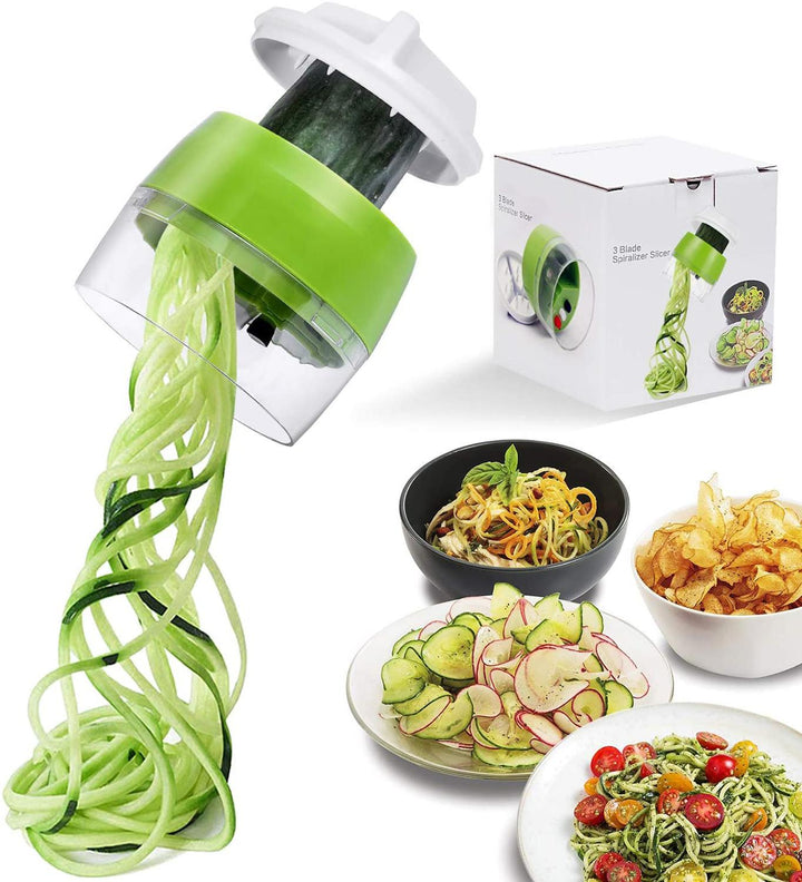 Handlicher 4-in-1 Spiralschneider mit verstellbaren Klingen, ideal für Gemüsenudeln, lockige Pommes und kreative Küche.