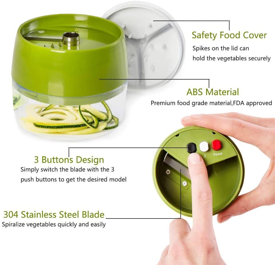 Handlicher 4-in-1 Spiralschneider mit verstellbaren Klingen, ideal für Gemüsenudeln, lockige Pommes und kreative Küche.