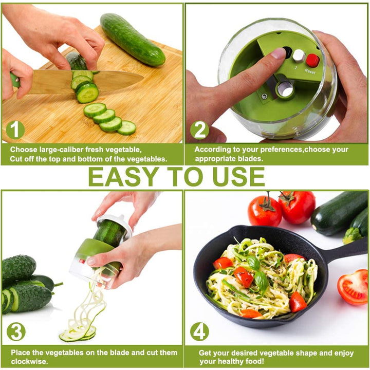 Handlicher 4-in-1 Spiralschneider mit verstellbaren Klingen, ideal für Gemüsenudeln, lockige Pommes und kreative Küche.