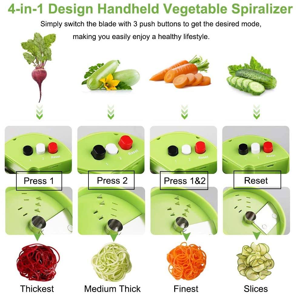 Handlicher 4-in-1 Spiralschneider mit verstellbaren Klingen, ideal für Gemüsenudeln, lockige Pommes und kreative Küche.
