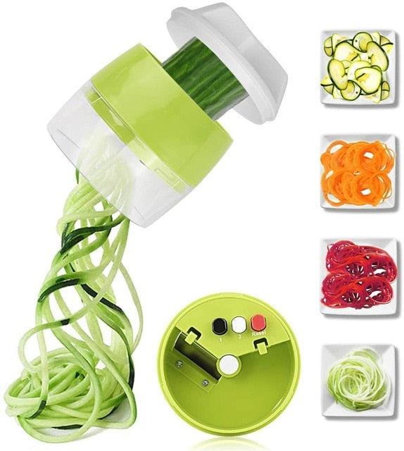 Handlicher 4-in-1 Spiralschneider mit verstellbaren Klingen, ideal für Gemüsenudeln, lockige Pommes und kreative Küche.