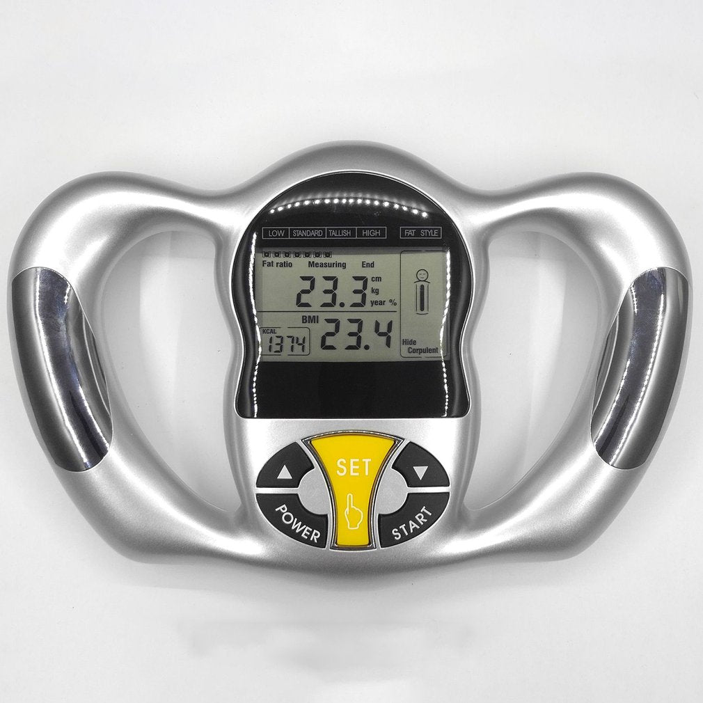 "Handlicher Körperfett Analysator mit LCD-Display misst BMI, Körperfett; tragbar, ideal für Gesundheitsüberwachung."