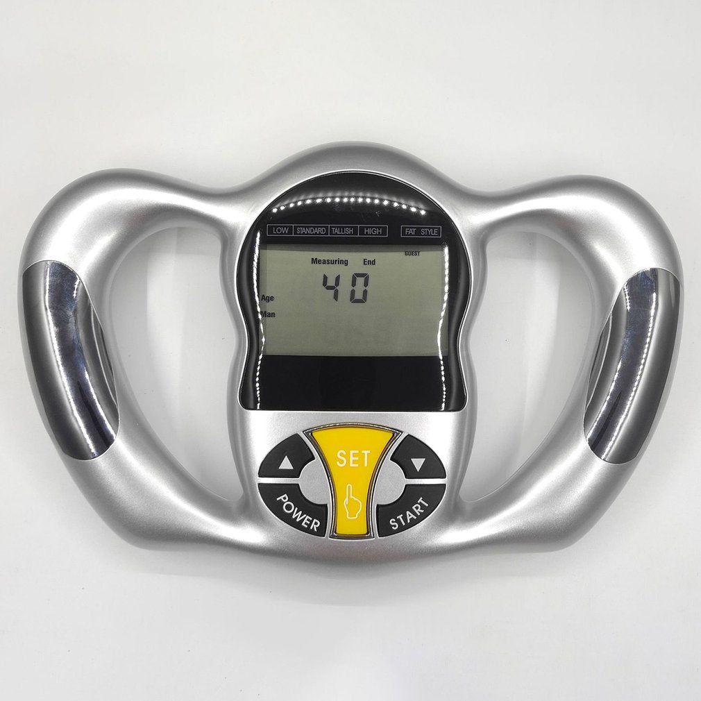 "Handlicher Körperfett Analysator mit LCD-Display misst BMI, Körperfett; tragbar, ideal für Gesundheitsüberwachung."