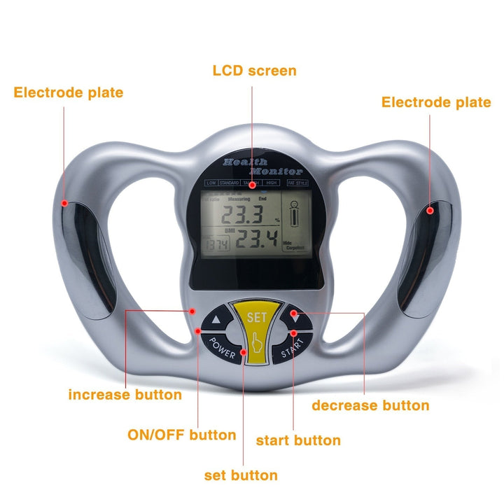 "Handlicher Körperfett Analysator mit LCD-Display misst BMI, Körperfett; tragbar, ideal für Gesundheitsüberwachung."