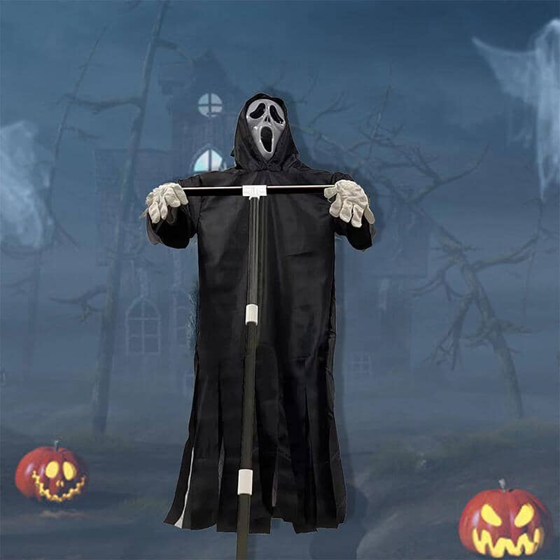 "Hängende Vogelscheuche mit Geistergesicht, 2m hoch, gruselige Halloween-Deko, ideal für Gartenabschreckung."