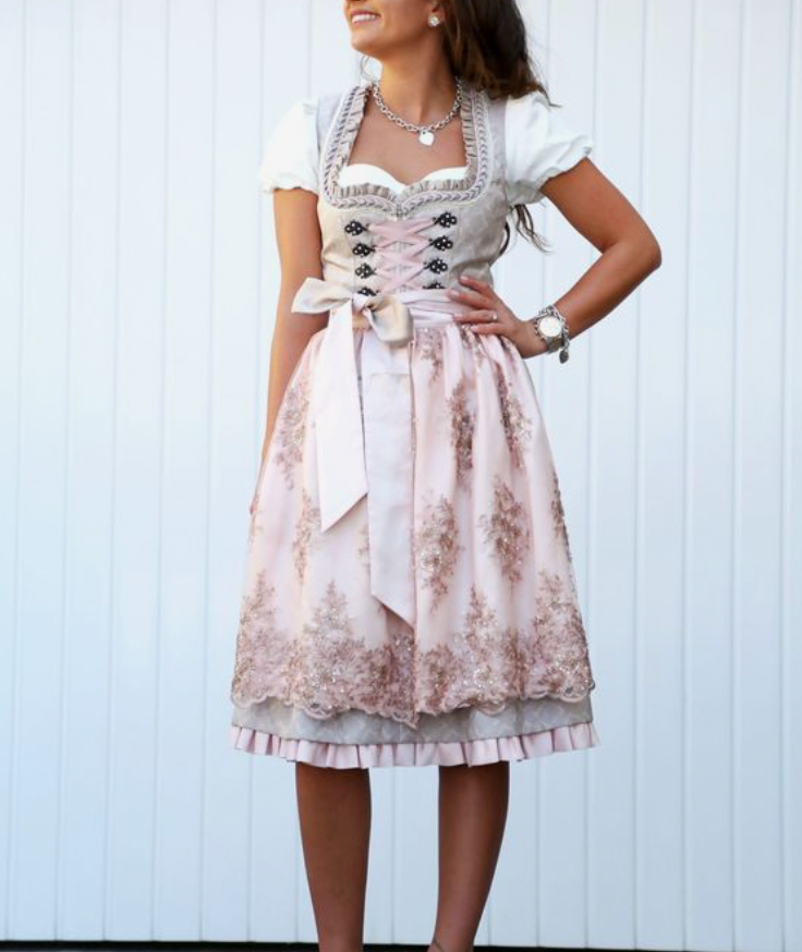 "Heidi-Mode Kleid: Graues Kostüm mit Schürze, Bluse für Anlässe, elegantes Design, bequemer Alltagsstil"