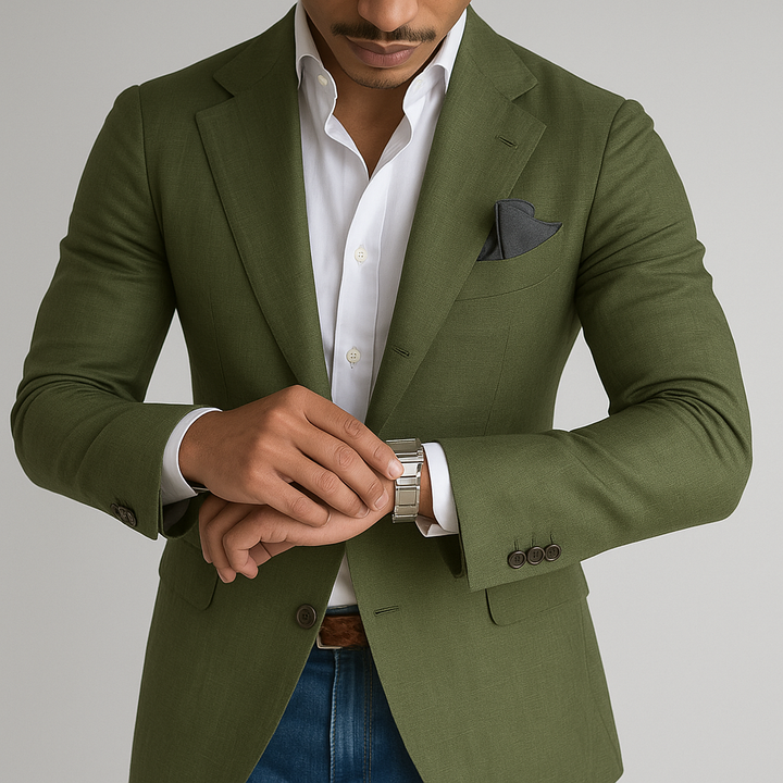 "Hellgrüner, eleganter Herrenblazer im strukturierten Design, vielseitig kombinierbar für Business und Events."