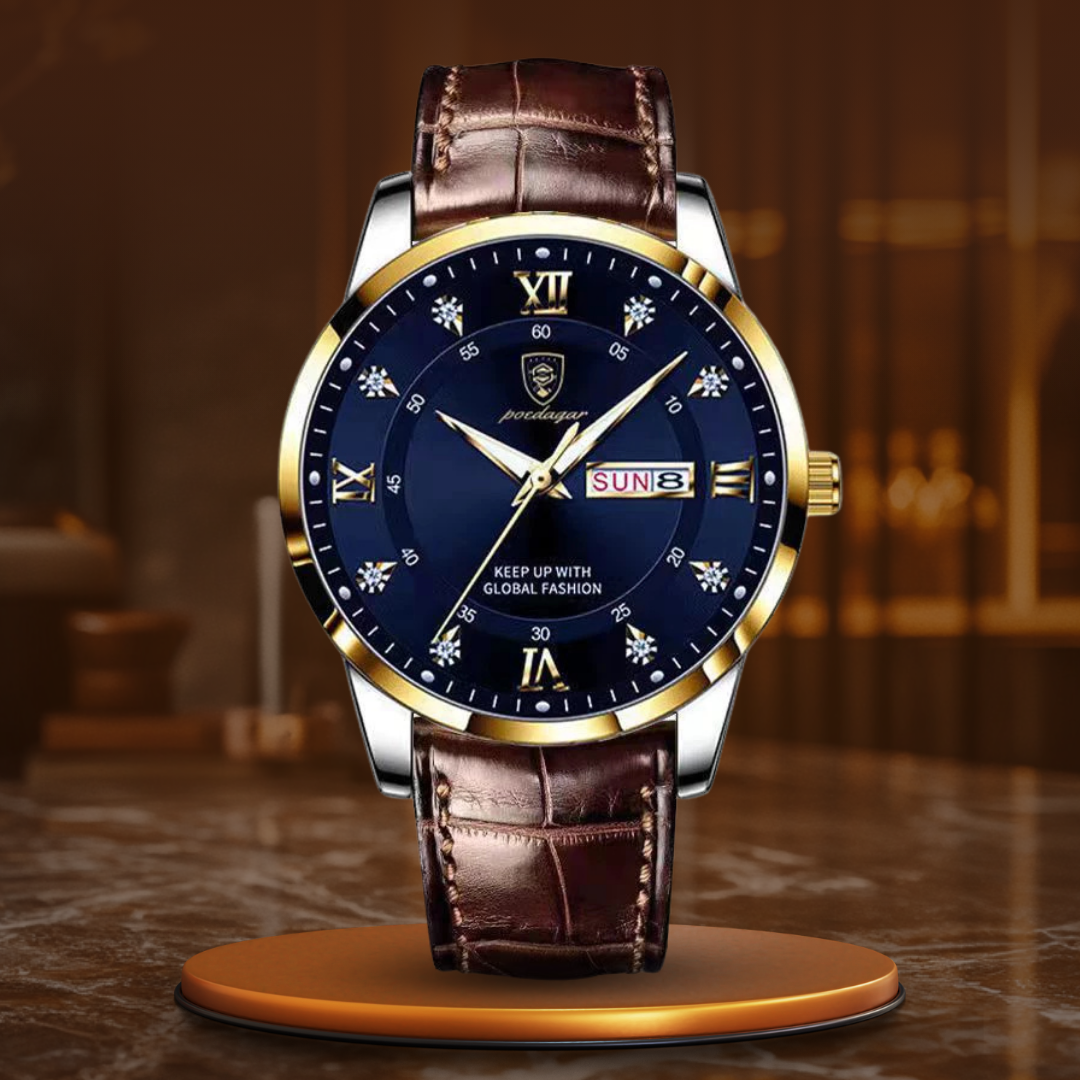 "Herren Armbanduhr - Gold Blau: Elegantes Zifferblatt, leuchtende Markierungen, präzises Quarzwerk, kratzfestes Glas"